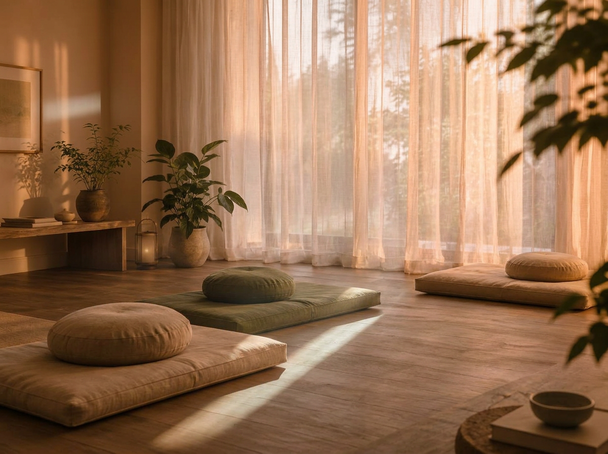 Meditation space filled with warm sunrise light